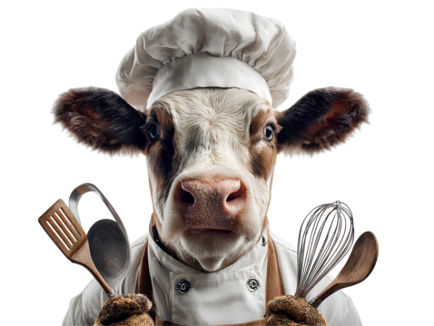  Cow dressed as chef white background
