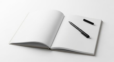 Open Blank Notebook with Black Pen on White Background