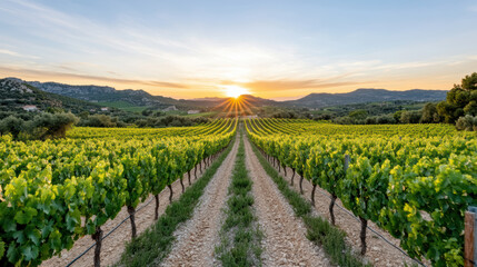 Naklejka premium Vibrant vineyard landscape at sunset, showcasing rows of grapevines under glowing sky