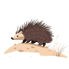 Stylized Hedgehog Walking Across a Sandy Dune with Grasses