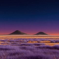 Naklejka premium A vast, flat plain of purple wildflowers stretches to dark, purple-orange mountains under a star-filled night sky
