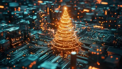 Futuristic Cityscape with Neon Christmas Tree Surrounded by Illuminated Buildings and Circuit Board Design - Powered by Adobe