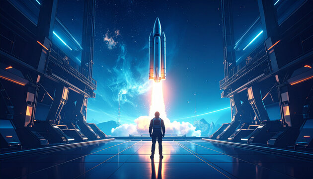 Rocket launch space hangar with astronaut silhouette watching ignition spark and bloom, futuristic technology and cosmic background creating inspiring and powerful scene
