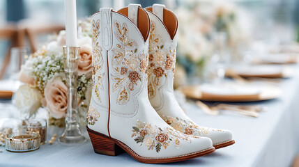 Elegant White Cowboy Boots Adorned With Floral Embroidery Placed on a Beautifully Set Dining Table for a Wedding Celebration Outdoors