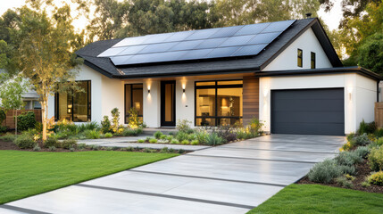 Modern solar roof tiles enhance stylish suburban home, showcasing eco friendly design