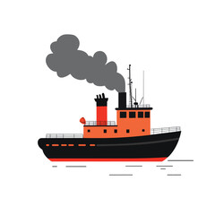 Obraz premium Stylized Orange and Black Tugboat with Billowing Smoke and Antennae