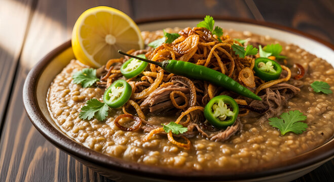 Haleem with Fried Onions and Lemon