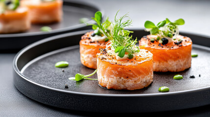 Delicious salmon amuse bouche garnished with microgreens on sleek black plate