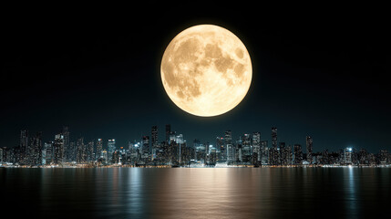 Stunning moon rises over silhouetted city skyline, casting serene glow on water