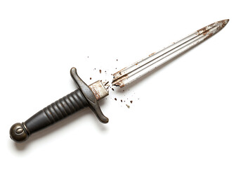 Broken antique sword rests on white surface, symbolizing fragility and the passage of time with its weathered blade and shattered hilt, evoking a sense of history and loss.