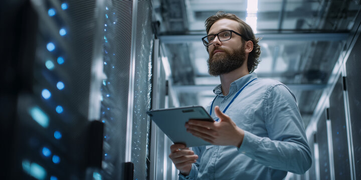 Ein Mann steht in einem Serverraum und macht sich Notizen. Internetserver Serverfarm