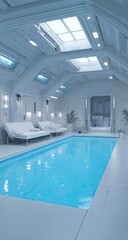 Modern, minimalist indoor pool.  Sleek, white interior