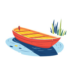 Stylized Red Rowboat with Yellow Interior Floating on Water near Tall Grass