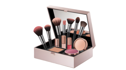 Makeup brushes and cosmetics in a rose gold case isolated on a transparent background image