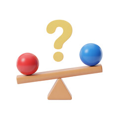 Seesaw with red and blue spheres and question mark representing uncertainty and decision making  
