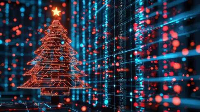 Futuristic Digital Christmas Tree with Binary Code and Glowing Lights in a High-Tech Environment