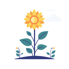 Stylized Sunflower with Teal Leaves and Small Seedlings in a Flat Design