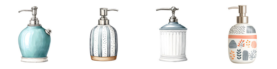 Watercolor Soap Dispensers Set: Elegant Bathroom Accessories Isolated on White