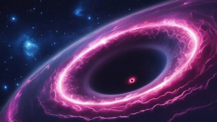 Cosmic black hole with glowing pink accretion disk and stars