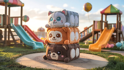 Colorful Plush Stacking Toy Blocks on Playground Path Childrens Play Area with Slides and Play Equipment Cute Animal Theme