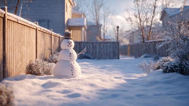 Snowy backyard snowman scene
