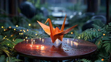 Delicate Origami Crane on a RainKissed Wooden Table Amidst Lush Ferns and Sparkling Lights A Symbol of Peace and Hope