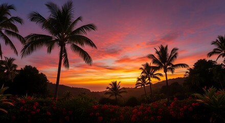 Tropical Paradise Sunset: Palm Trees Silhouetted Against a Vibrant Sky Painting