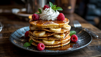 Delicious Pancake Stack Topped with Fresh Raspberries Whipped Cream and Banana Slices Drizzled with Maple Syrup on a Rustic Table