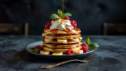 Delicious Stack of Pancakes with Maple Syrup Raspberries Bananas and Whipped Cream Ready to be Served on a Slate Tabletop