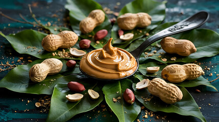 Delicious Peanut Butter on Spoon with Fresh Peanuts and Green Leaves Displaying Natural Ingredients and Healthy Eating Concept