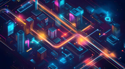 Obraz premium Futuristic neon city skyline with vibrant light trails, technological advancements