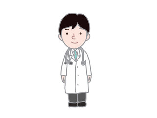 Illustration of a young male doctor in a white coat standing with a smile