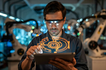 Engineer using augmented reality interface for robot programming and industrial automation with digital touch screen technology to optimize manufacturing processes in a smart factory