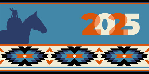Native american heritage month 2025 greeting. Vector banner, poster, card, flyer with text Native american heritage month, november. blue background with horsewoman, native ornament border.