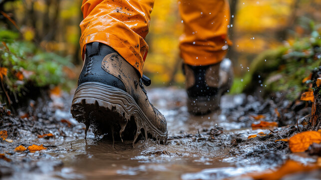 Sturdy hiking boots covered in thick mud step through a wet forest path, splashing water from deep puddles during an outdoor autumn trek.