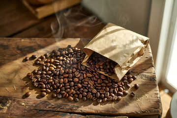 Freshly Roasted Coffee Beans Spilling from a Rustic Paper Bag on a Vintage Wooden Surface Emitting Aromatic Steam Evoking Warmth and Richness