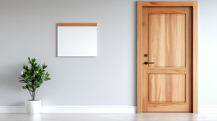 Modern wooden door, minimalist decor, indoor plant, neutral colors, blank wall