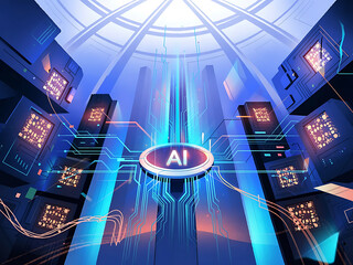 Futuristic artificial intelligence server room with data processing and circuit board connections illustrating technology advancement and deep learning concepts in modern computing environments