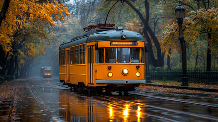 Obraz premium A classic yellow tram travels along wet city tracks during a beautiful autumn rain. Golden leaves cover the ground and trees, reflecting in the puddles.