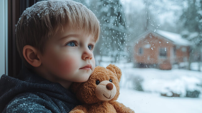A thoughtful young child holds a soft teddy bear, quietly looking out a window at a beautiful snowy winter landscape.