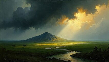 Dramatic mountain landscape with sunbeam through clouds