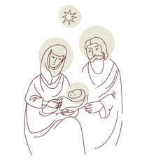 Holy family. Saint Joseph, Mary and newborn Jesus. religious concept for Christmas and holiday graphic. Vector line art hand drawn illustration.
