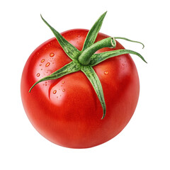 Fresh ripe red tomato with green stem on black background