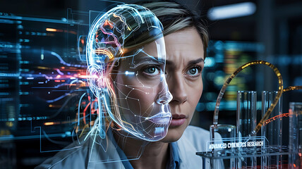 Futuristic Science and Technology Female Researcher Analyzing Data with Artificial Intelligence and Cybernetic Augmentation in Advanced Laboratory for Cutting Edge Research