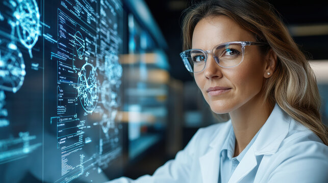 Innovative scientist analyzing glowing neural network hologram in modern lab