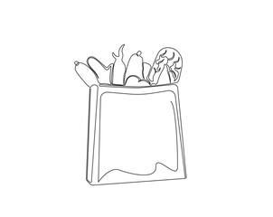 Foods on paper grocery bag outline drawing illustration. one continuous line drawing of fresh food on paper grocery bag.