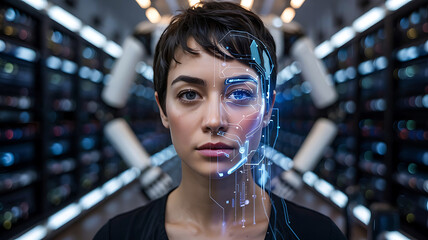 Futuristic Woman with Technology Interface Integration Exploring the Depths of Artificial Intelligence and Human Machine Symbiosis in a High Tech Environment