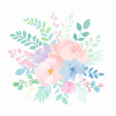 A pastel watercolor vector background with soft floral patterns, featuring delicate flowers and leaves in light pink, lavender, and mint green, ideal for wedding invitations.