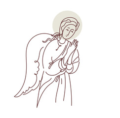 Angel with halo in prayer gesture, divine being with wings looking down, religious concept for Christmas and holiday graphic. Vector line art hand drawn illustration.