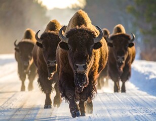 Bison herd running on snowy road